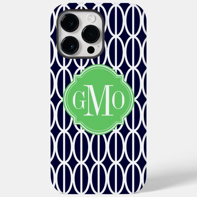 Coques Case-Mate iPhone Monogramme de Motif blanc bleu marine géométrique  (Verso)