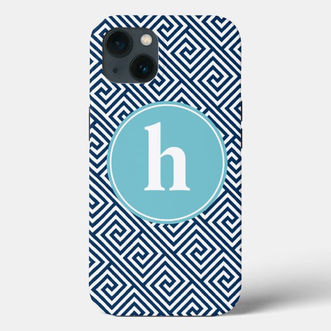 Coques Case-Mate iPhone Monogramme de Motif de clé grecque bleue (Verso)