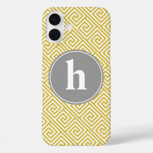Coque Pour iPhone 16 Plus Monogramme de Motif de clé grecque jaune et gris