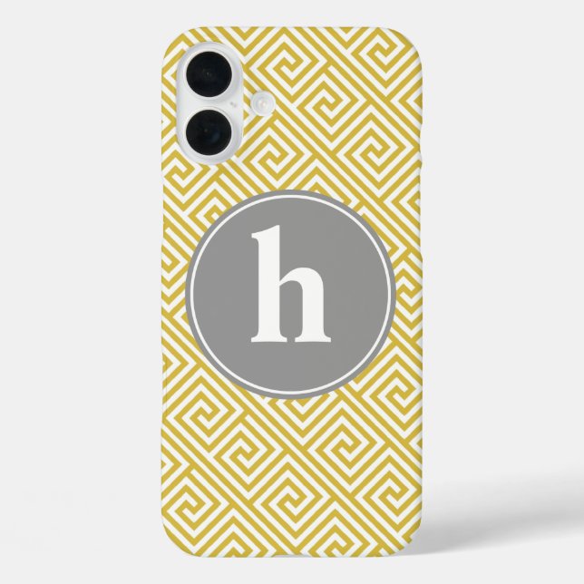 Coques Case-Mate iPhone Monogramme de Motif de clé grecque jaune et gris (Verso)