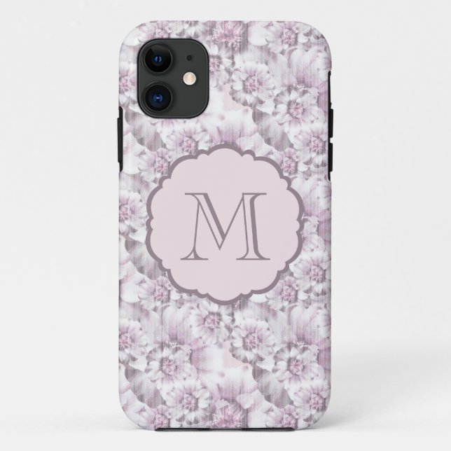 Coques Case-Mate iPhone Monogramme de motif floral gris et rose chic (Dos)