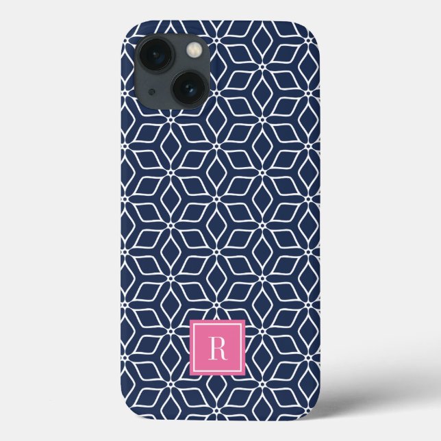 Coques Case-Mate iPhone Monogramme de Motif géométrique rose et marine (Verso)