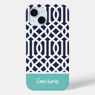 Coque Case-Mate iPhone Monogramme de Navy et Aqua Trellis