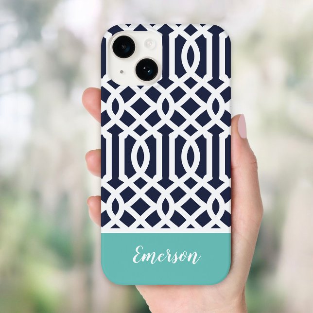 Coques Case-Mate iPhone Monogramme de Navy et Aqua Trellis (Créateur téléchargé)