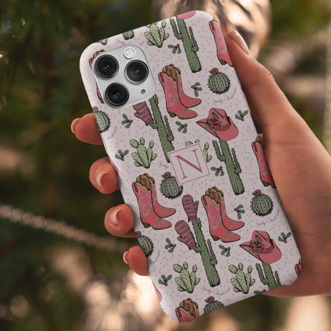 Coques Case-Mate iPhone Monogramme de Noël de la petite fille (Custom Pink Country Christmas Cowgirl Boots, Hats, Mittens & Cactus. Hand-Drawn in Black Ink.)