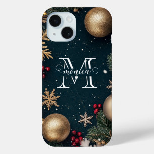 Coque Case-Mate iPhone Monogramme de Noël élégant bleu foncé