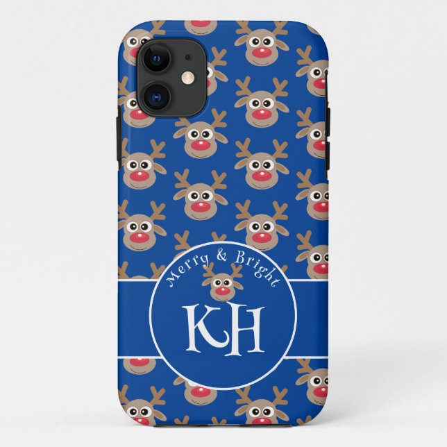 Coques Case-Mate iPhone Monogramme de Noël Motif de rennes bleu mou (Dos)