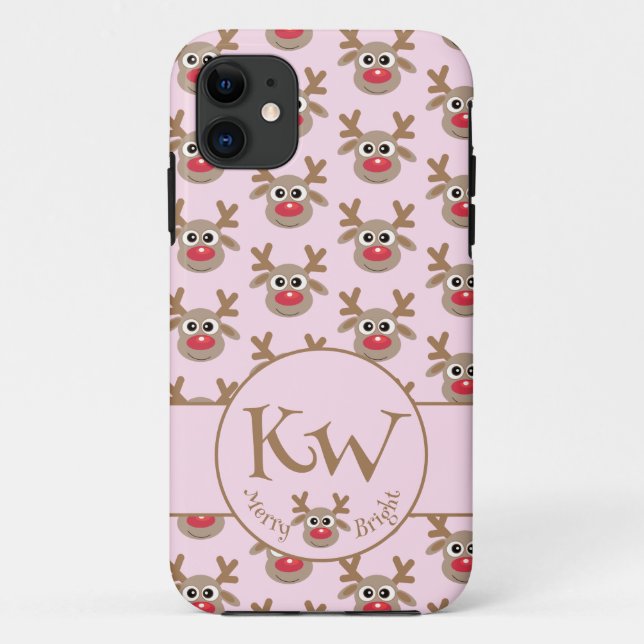 Coques Case-Mate iPhone Monogramme de Noël rose mignon Motif de rennes (Dos)