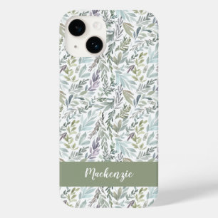 Coque Case-Mate iPhone Monogramme de nom aquarelle botanique bleu vert