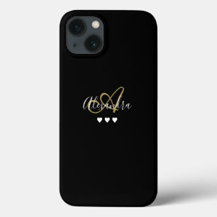 Case-Mate iPhone Case Monogramme de nom de script Cœurs noirs dorés