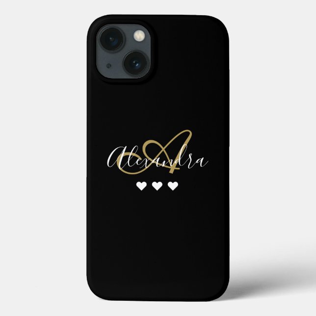 Coques Case-Mate iPhone Monogramme de nom de script Cœurs noirs dorés (Verso)