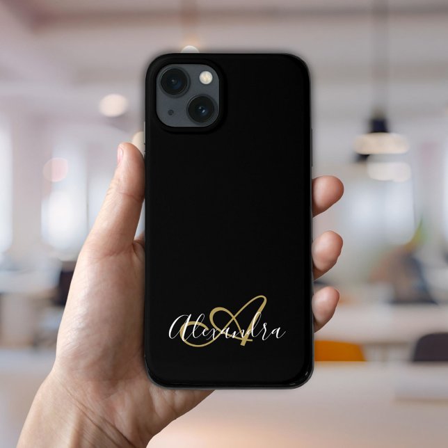 Coques Case-Mate iPhone Monogramme de nom de script girly noir or (Elegant Gold Black Girly Script Name Monogram Case-Mate iPhone Case)