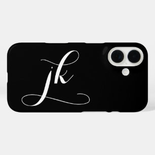 Coque Pour iPhone 16 Monogramme de nom de script noir et blanc moderne