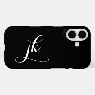 Coque Pour iPhone 16 Monogramme de nom de script noir et blanc moderne