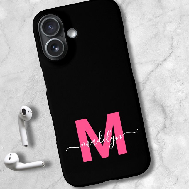 Coques Case-Mate iPhone Monogramme de nom élégant écriture noir rose (Pink Black Elegant Script Name Monogram iPhone 16 Case )
