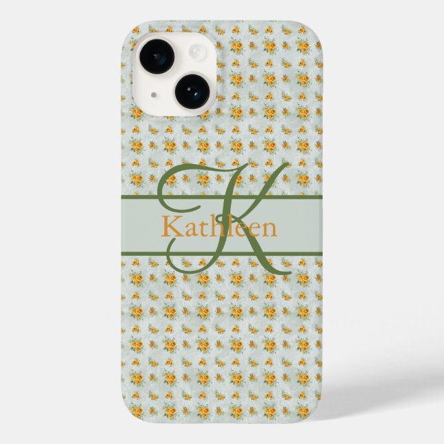 Coques Case-Mate iPhone Monogramme de nom initial floral jaune vert (Verso)