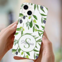 Monogramme de nom motif olive aquarelle verte