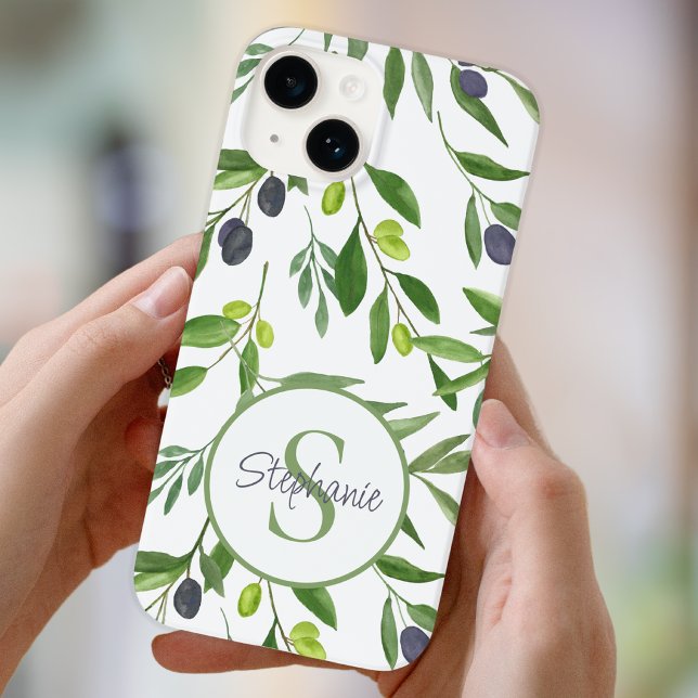 Coques Case-Mate iPhone Monogramme de nom motif olive aquarelle verte (Créateur téléchargé)
