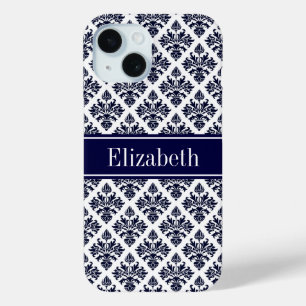Coque Case-Mate iPhone Monogramme de nom Navy personnalisé en damassé ble
