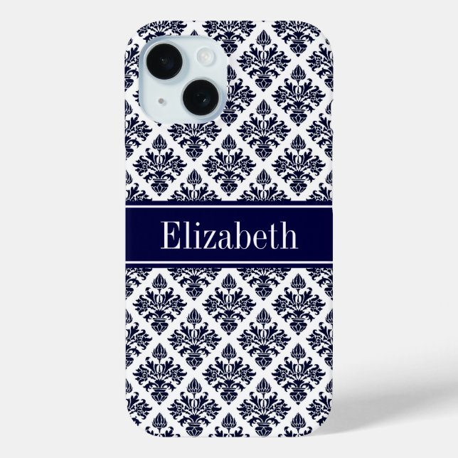 Coques Case-Mate iPhone Monogramme de nom Navy personnalisé en damassé ble (Verso)