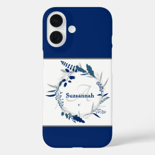 Coque Pour iPhone 16 Monogramme de nom personnalisé Couronne florale bl
