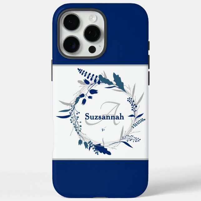 Coques Case-Mate iPhone Monogramme de nom personnalisé Couronne florale bl (Verso)