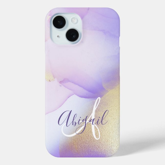 Coques Case-Mate iPhone Monogramme de nom personnalisé en aquarelle violet (Verso)