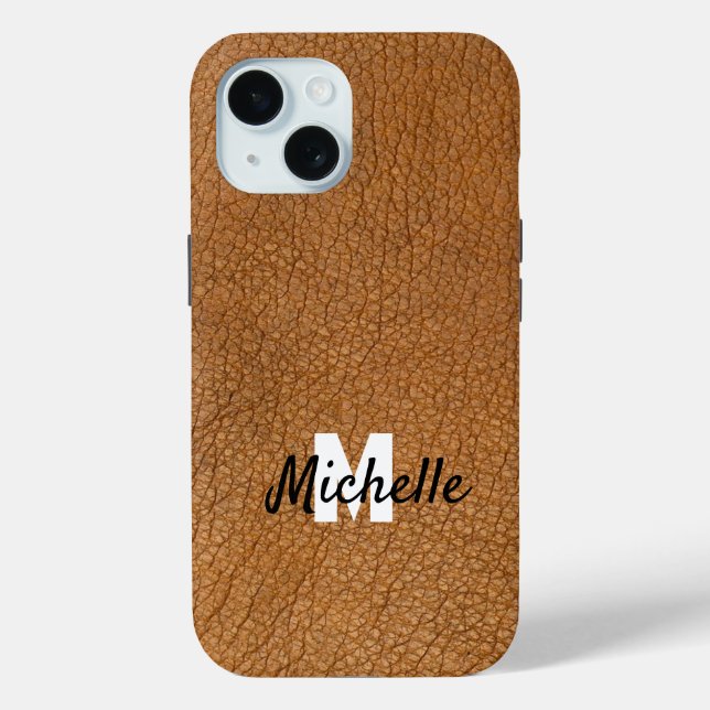 Coques Case-Mate iPhone monogramme de nom personnalisé en cuir Brown (Verso)