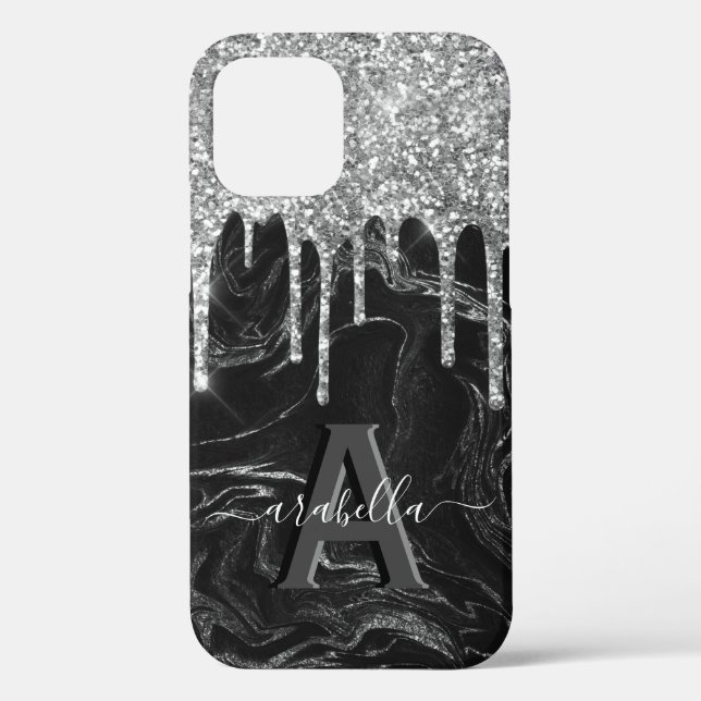 Coques Case-Mate iPhone Monogramme de Parties scintillant d'argent noir (Verso)