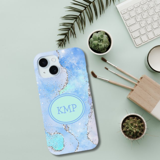 Coques Case-Mate iPhone Monogramme de Parties scintillant en marbre bleu v (Blue green silver glitter marble swirl monogrammed iPhone 15 13 14 12 11 case.)