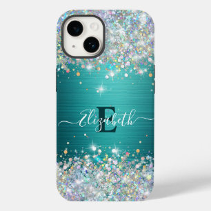 Coque Case-Mate iPhone Monogramme de Parties scintillant Turquoise modern