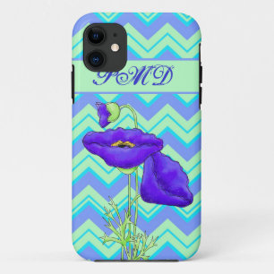 Coques Pour iPhone Monogramme de pavot Turquoise & Vert Chevron ZizZa