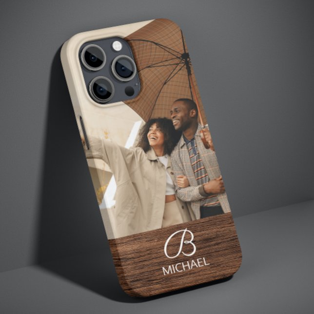 Coques Case-Mate iPhone Monogramme de photo personnalisée Bois Grain Brun  (Créateur téléchargé)