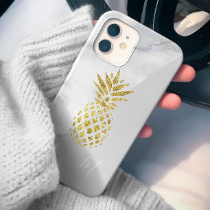 Coque Case-Mate iPhone Monogramme de pineapple en or sur marbre blanc