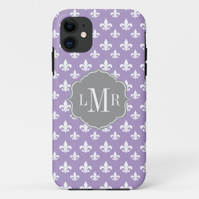 Coques Case-Mate iPhone Monogramme de Purple Fleur De Lis Pattern (Dos)