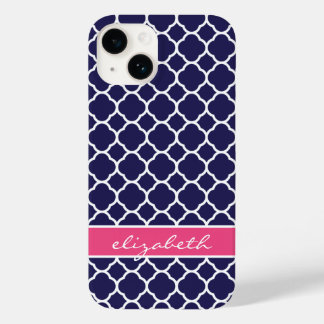 Coques Pour iPhone Monogramme de Quatrefoil bleu et rose de la Marine