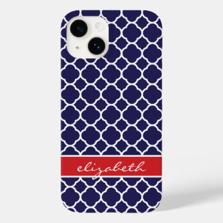 Coques Pour iPhone Monogramme de Quatrefoil bleu et rouge