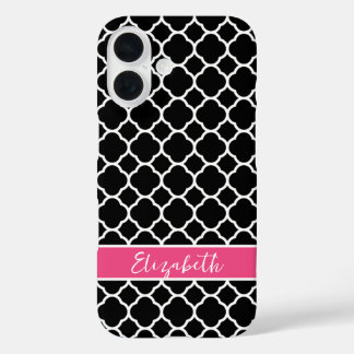 Coques iPhone 16 Monogramme de Quatrefoil moderne noir et rose