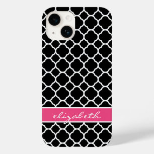 Coques Pour iPhone Monogramme de Quatrefoil moderne noir et rose