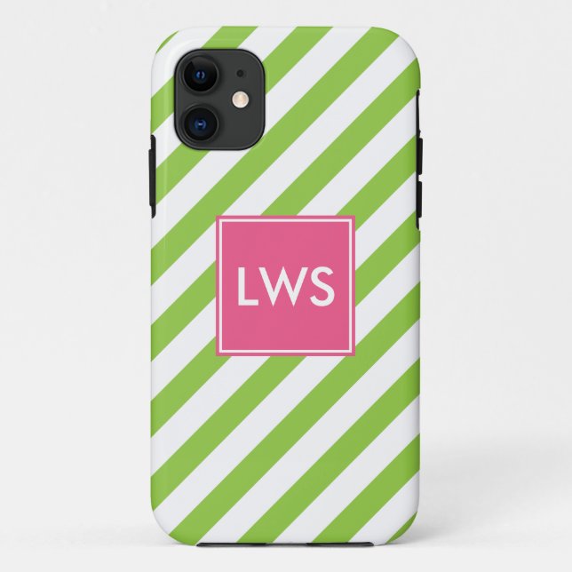 Coques Case-Mate iPhone Monogramme de rayures diagonales vertes de chaux (Dos)