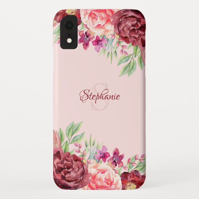 Coques Case-Mate iPhone Monogramme de Rose Floral Burgundy Peach Blush (Dos)