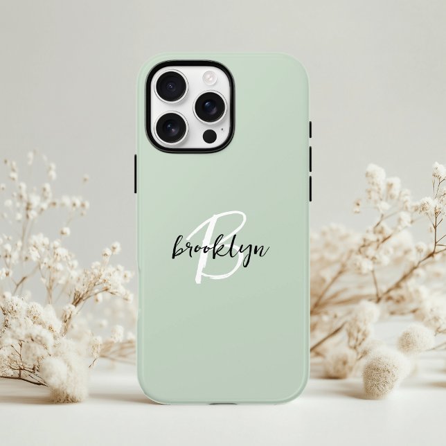 Coques Case-Mate iPhone Monogramme de style vert sauge noir et blanc  (Créateur téléchargé)