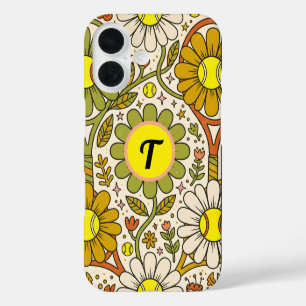 Coque Pour iPhone 16 Monogramme de tennis floral groovy personnalisé