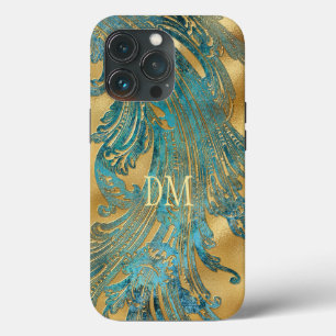 Case-Mate iPhone Case Monogramme de tourbillon bleu antique sur or