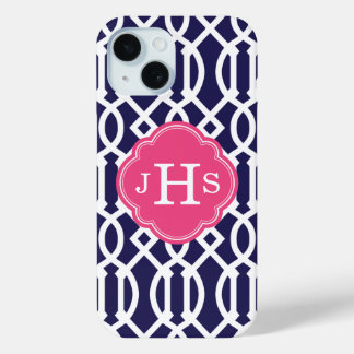Coque Case-Mate iPhone Monogramme de treillis bleu marine et rose