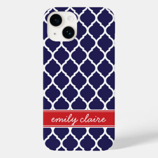 Coque Pour iPhone 14 Monogramme de treillis marocain Marine et Rouge Ch
