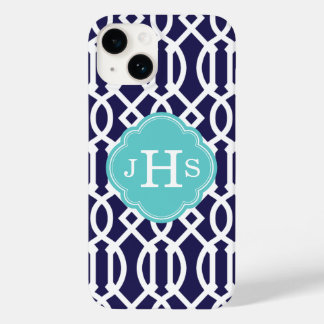 Coque Pour iPhone 14 Monogramme de treillis moderne bleu marine et turq