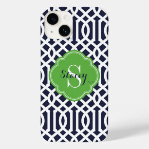 Coque Pour iPhone 14 Monogramme de treillis moderne marine et vert