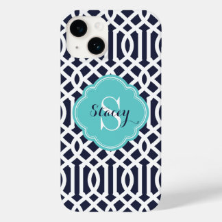 Coque Case-Mate iPhone Monogramme de Trellis moderne marine et turquoise