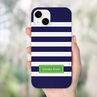 Coque Case-Mate iPhone Monogramme des bandes de Preppy bleu et vert de la
